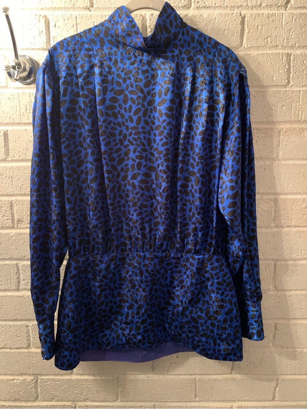 Louis Feraud Blue and Black Long-Sleeve Patterned Blouse
